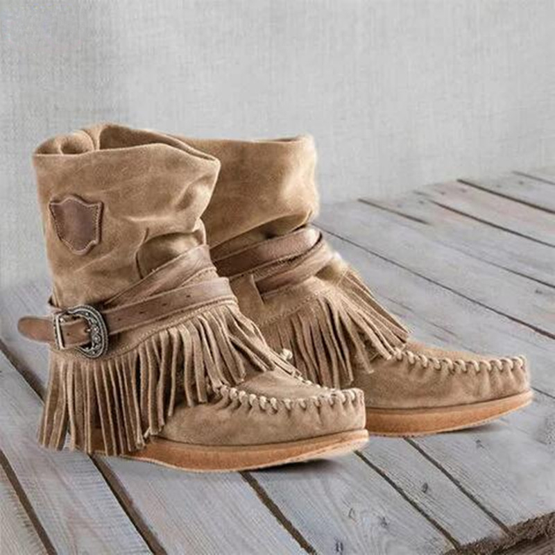 Tasmota - Sepatu Bot Wanita Rumbai Retro Ritsleting